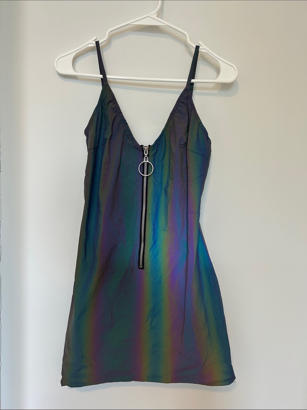 Iridescent Green-Purple Slip Mini Dress with Front Zip